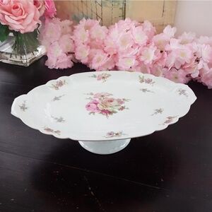 Limoges LEC for LeClair Oval Pedestal Dessert Stand with Pink Roses